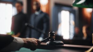Man and criminal defense lawyer stand before judge in Georgia
